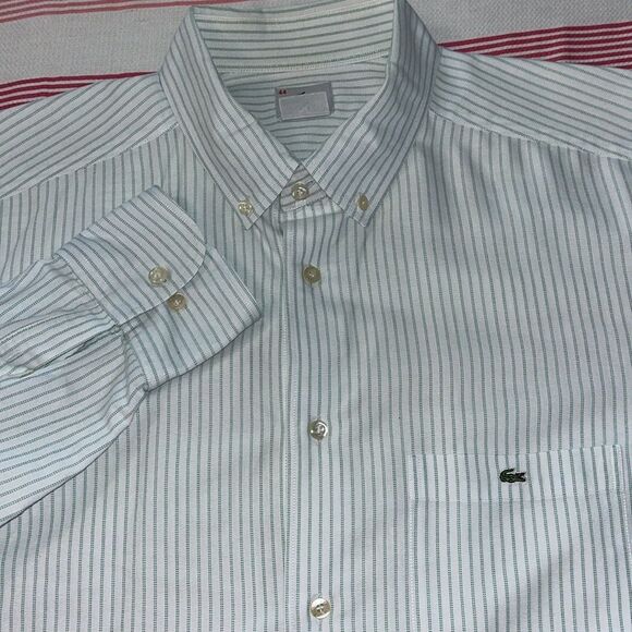 Green Stripe Off White Creme Mens Lacoste Alligator pocket LS men’s shirt 44 XL - Picture 5 of 9